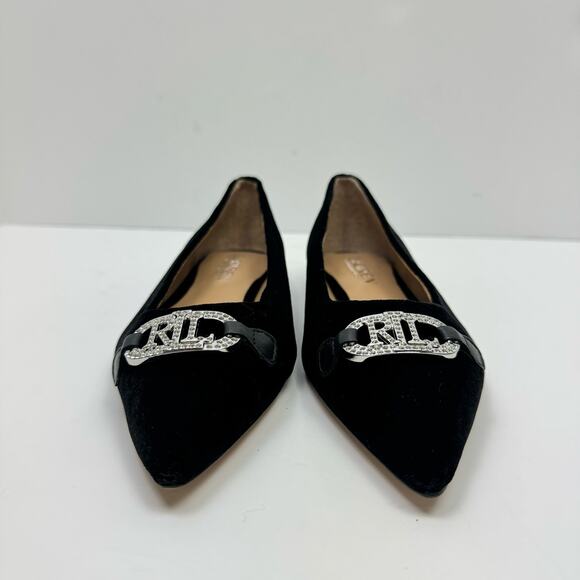 NEW Lauren Ralph Lauren | Lilah Black Velvet Crystal Logo Pointed Toe Flats - Picture 4 of 11